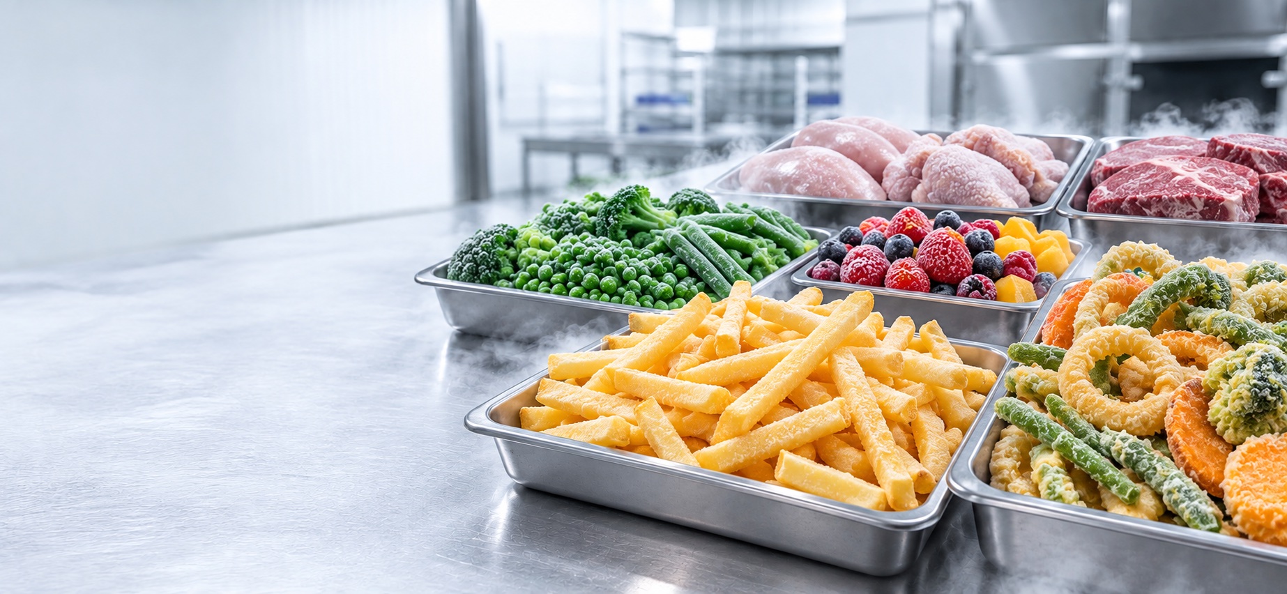 Frozen food products prepared in a clean cold-chain environment