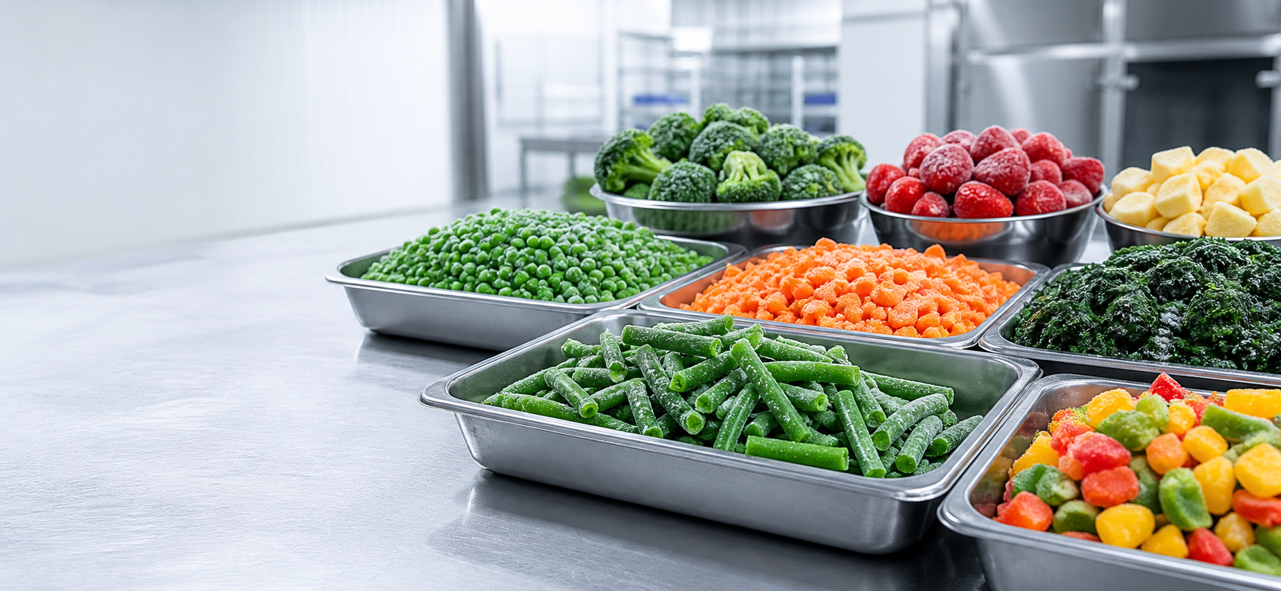 Frozen food products prepared in a clean cold-chain environment
